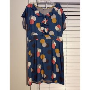 Boden Blue Polka Dot Ruffle Neck Knee Length A-Line Dress US 14R